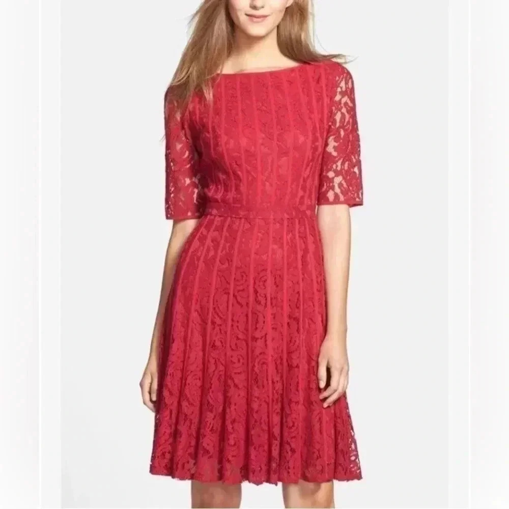 Adrianna‎ Papell Red Lace Short Sleeve Stretchy Dress Womens Size 10 Lined